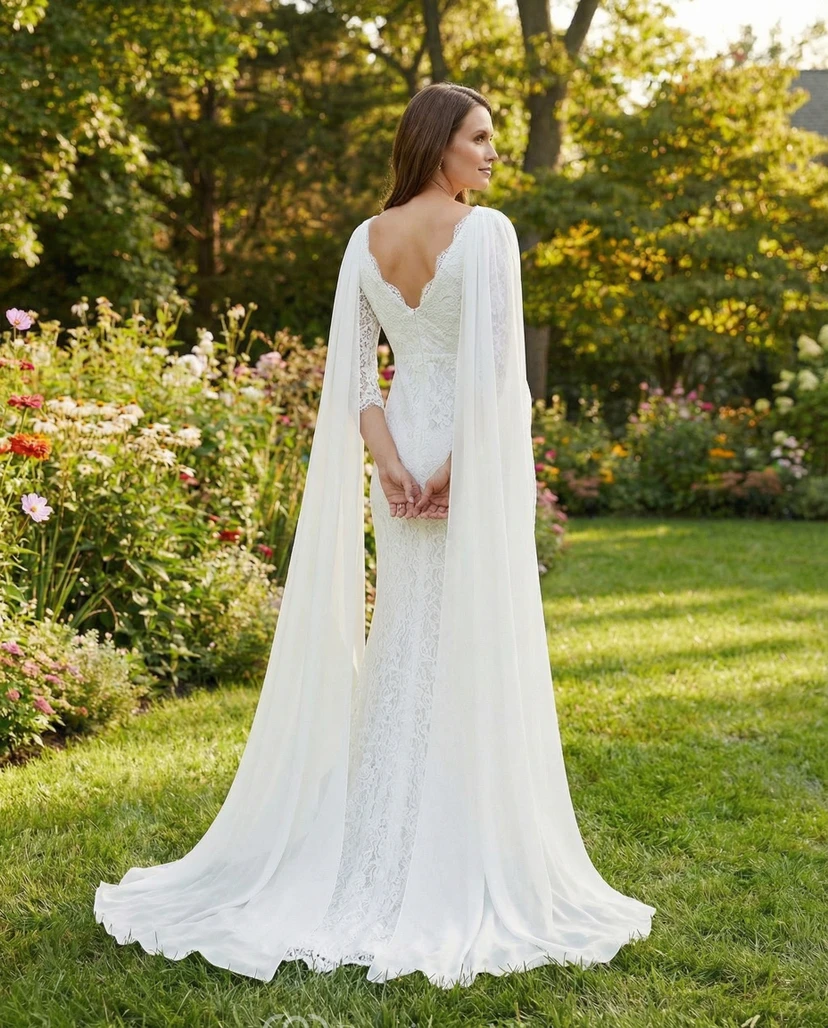 V-Neck Lace Cape Maternity Wedding Dress with Three Quarter Sleeves view 2