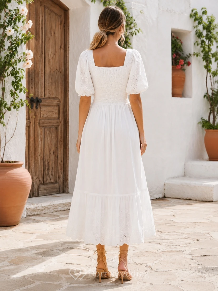Simple Boho Square Neck Puff Sleeve Lace Tea-Length A-Line Wedding Dress view 2