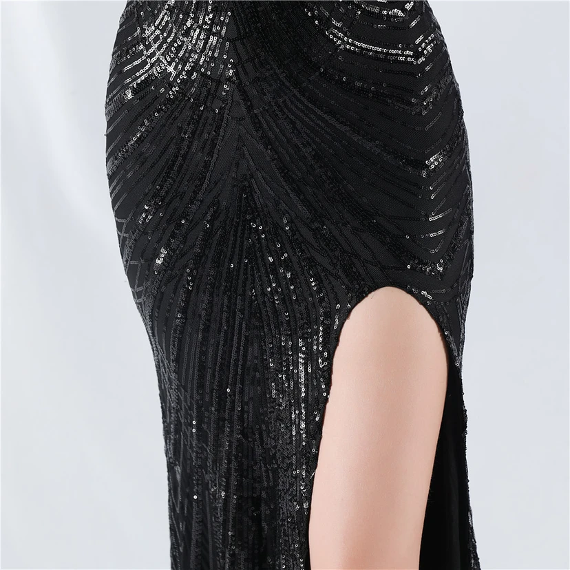 Positioning Flower Beaded Craft Beaded One-Shoulder Oblique Collar High Slit Evening Dress view 10