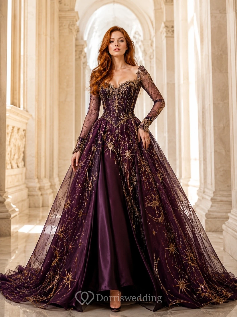 Burgundy Fantasy Tulle Long-Sleeve Lace Ball Gown Evening Dress