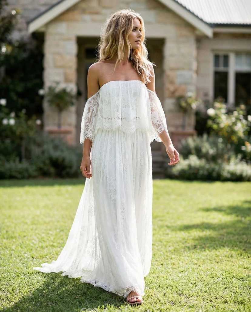 Off-The-Shoulder Tulle Boho Wedding Dress