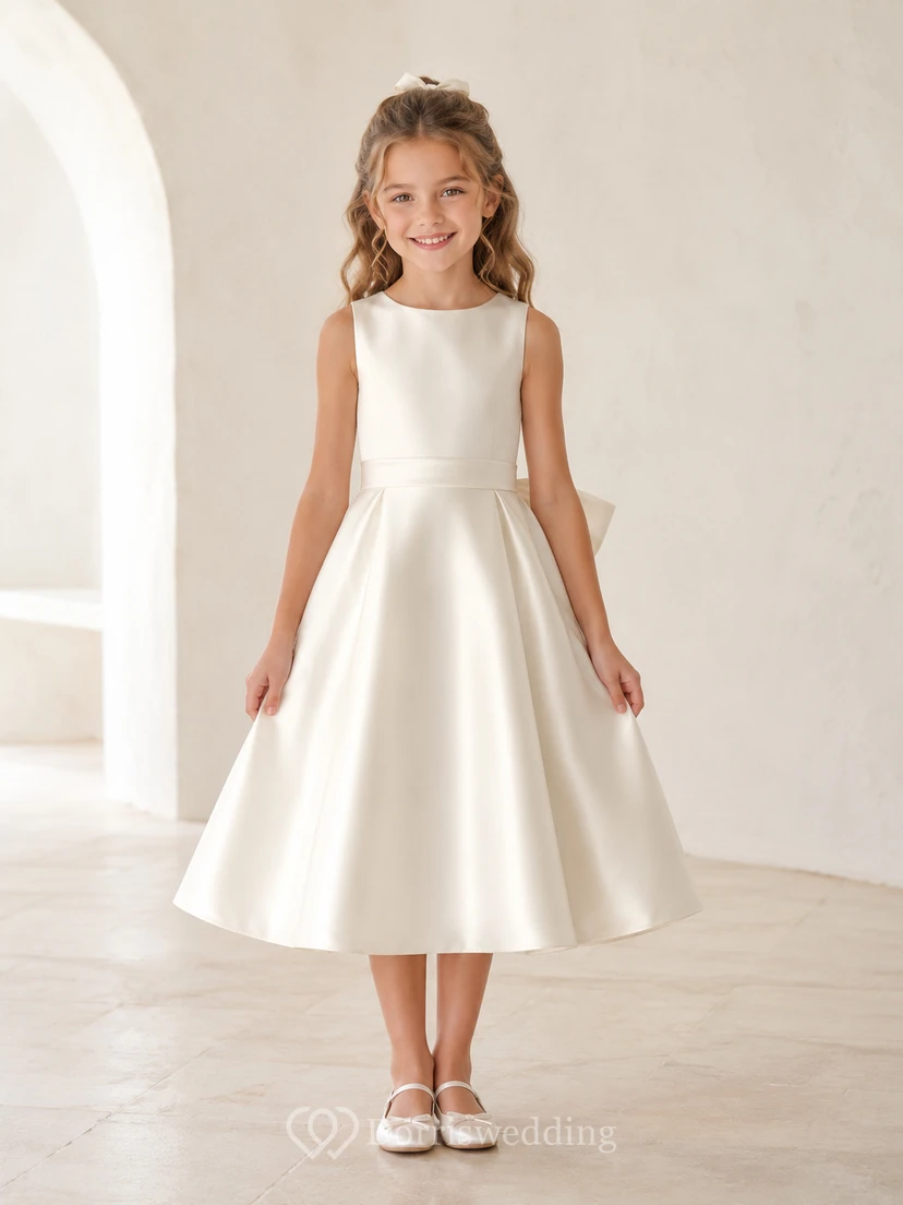 Vestido de niña de flores de satén color marfil sin mangas, corte en A, con escote joya y falda a la altura de la rodilla con detalle de lazo.