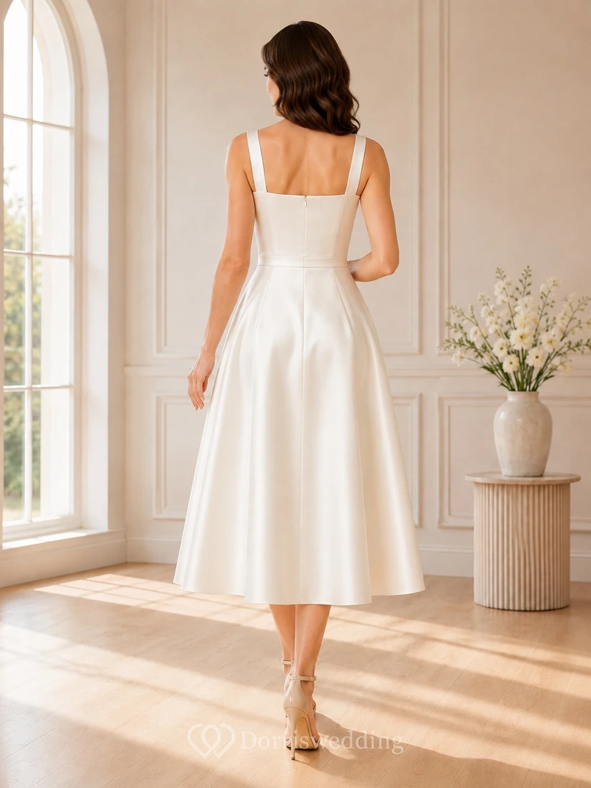 Simple Square Neck Satin A-Line Tea-Length Civil Courthouse Wedding Dress view 2