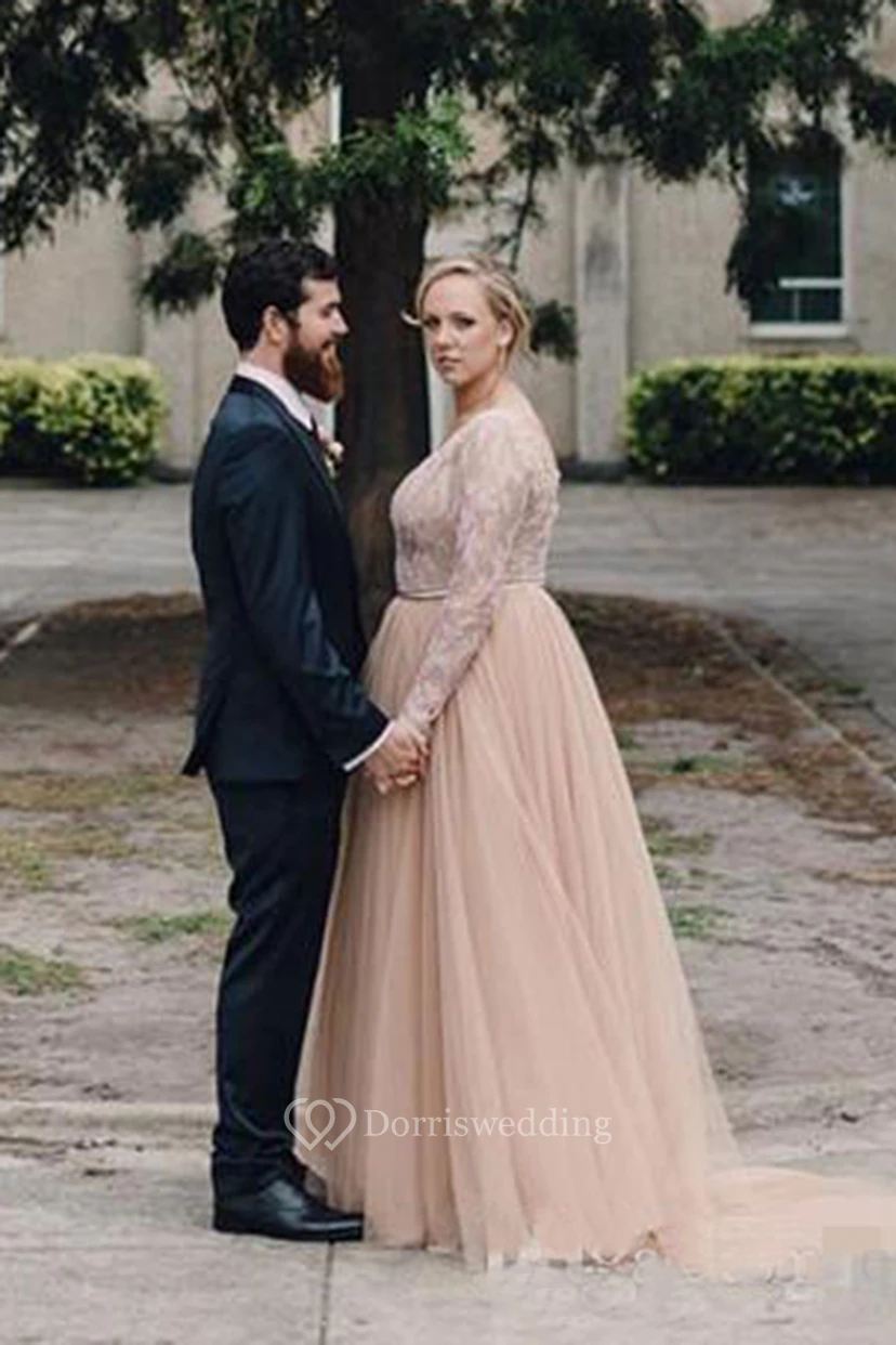 Vestido de novia vintage de tul etéreo, de talla grande, sexy, de manga larga y escote en V, de estilo campestre. view 6