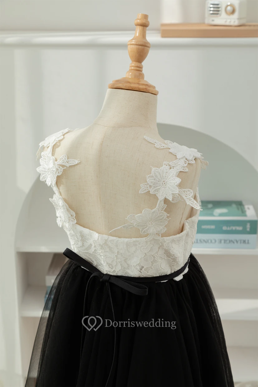 Lace Black and White Short A-line Tulle Flowergirl Dress view 8