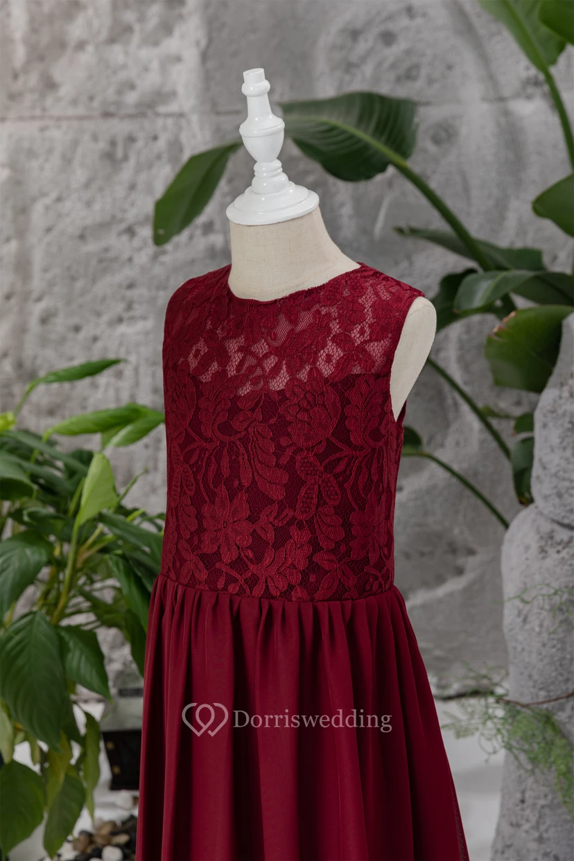Lace Burgundy Chiffon Floor-length Sleeveless Flowergirl Dress view 5