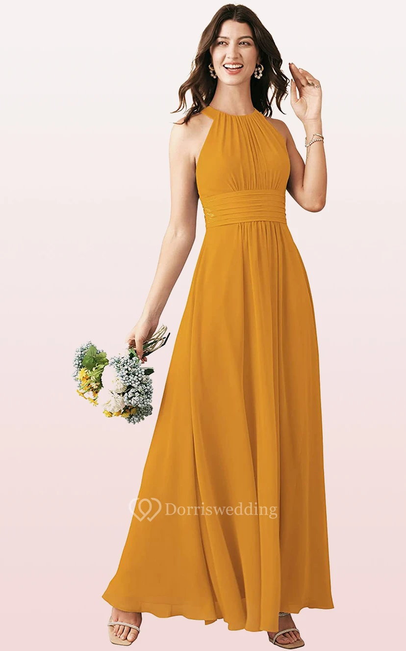 Modern Halter A Line Sleeveless Ankle-length Chiffon Bridesmaid Dress With Ruching view 3