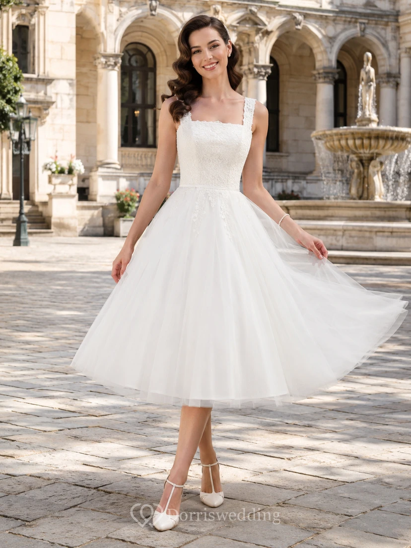 Square Neck Tulle Tea Length Retro Courtyard Bridal Dress