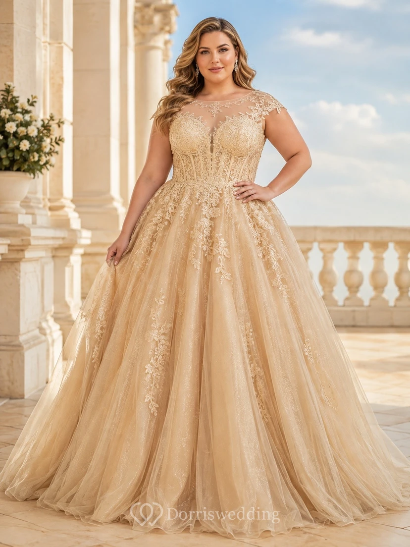 Vestido de gala de lujo de tul color champán con mangas cortas, talla grande.