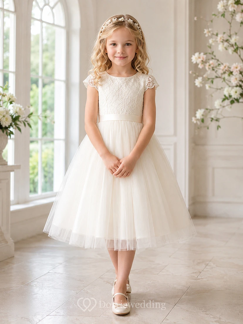 Robe de demoiselle d'honneur en tulle à manches courtes en dentelle, coupe trapèze, longueur thé, boutonnée au dos, idéale pour un jardin.