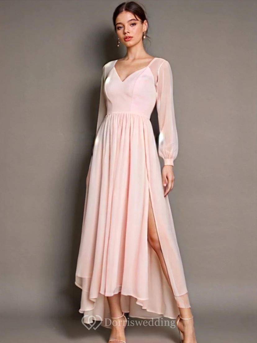 Chiffon Puff Long Sleeve Front Split Pleated Ankle-length Dress