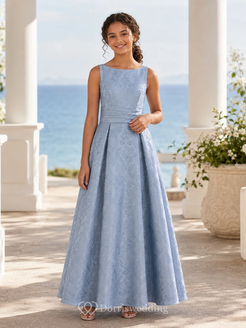 Vestido de dama de honor juvenil azul pizarra, corte en A, sin mangas, jacquard vintage