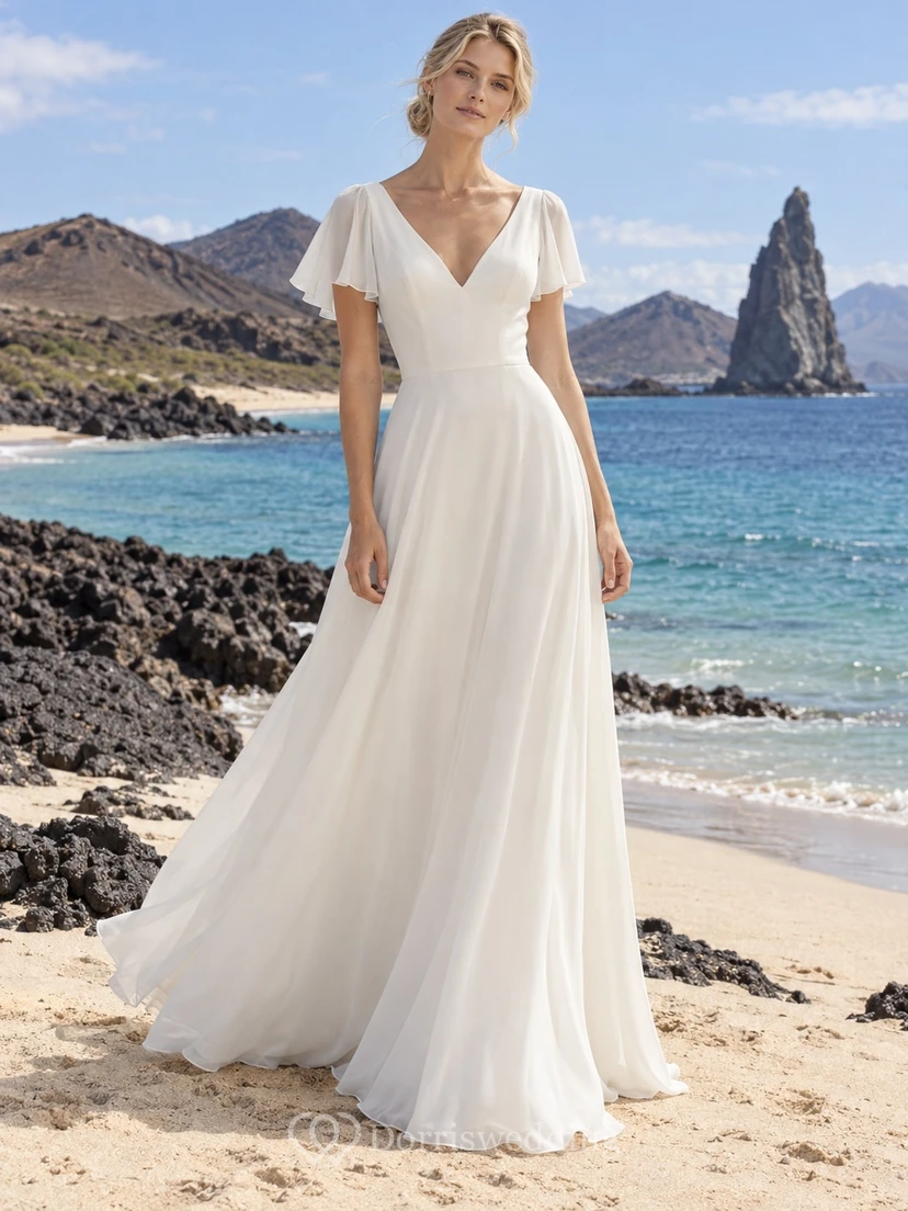 Vestido de novia de georgette con escote en V, mangas con volantes, corpiño liso y falda en línea A.