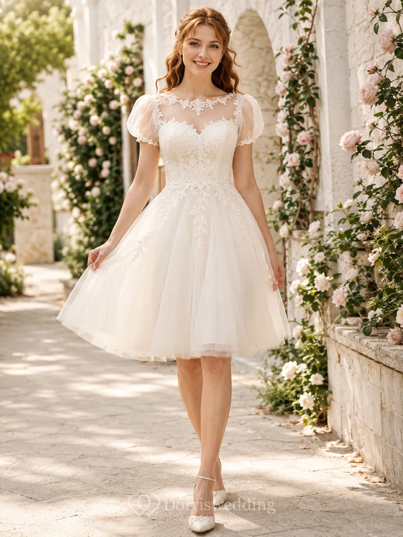 Short Romantic Jewel Neck Puff Sleeve Lace Tulle Knee Length A-Line Wedding Dress