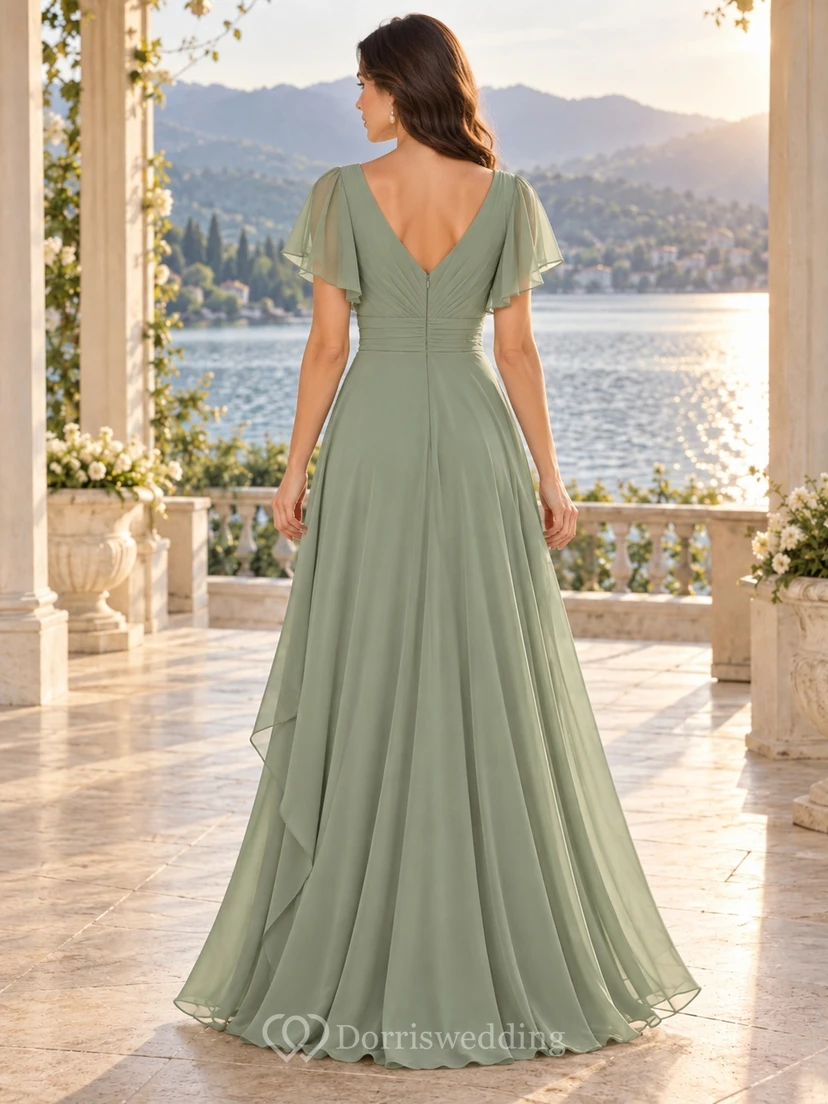 Sage Wrap Neck Flutter Sleeve Flowing Draped Wedding Guest Gown view 2