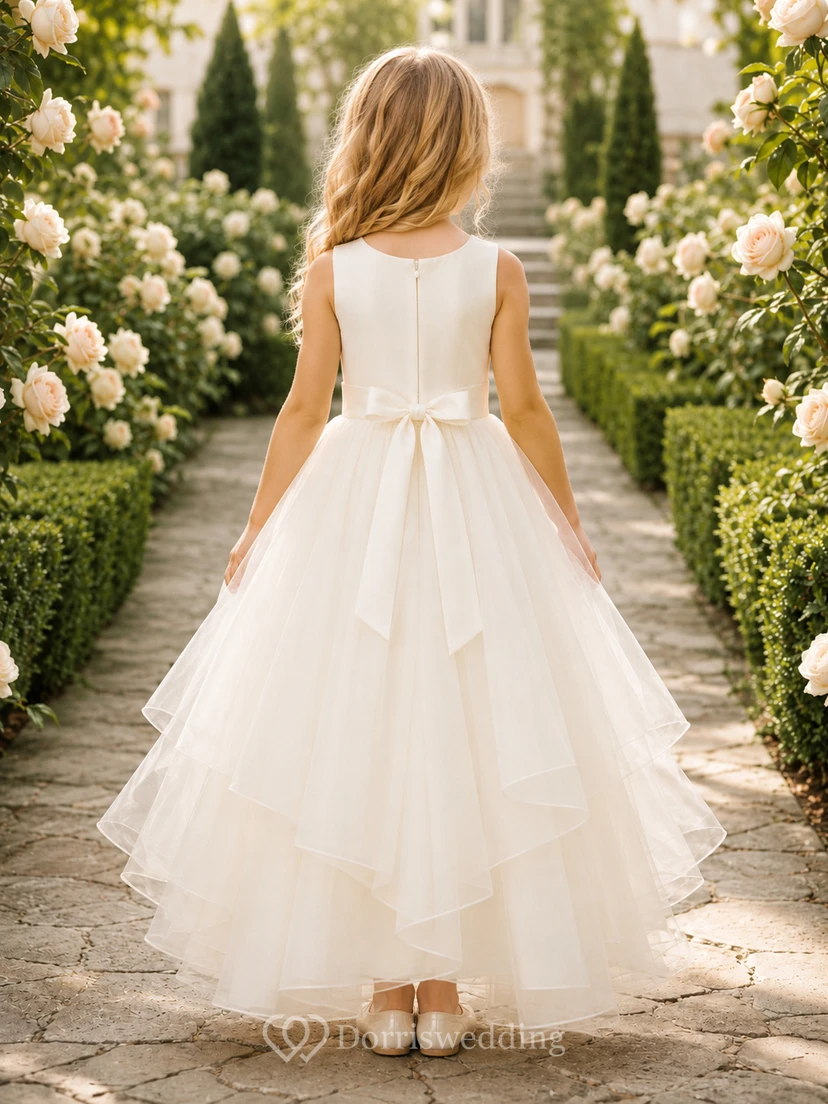 Flower Girl Dress Ivory Tulle A-Line Jewel Neck Tea Length Ruffle Detail view 2