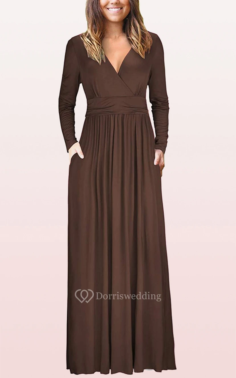 Ethereal Jersey V-neck A Line Guest Formal Dress With Pockets view 5