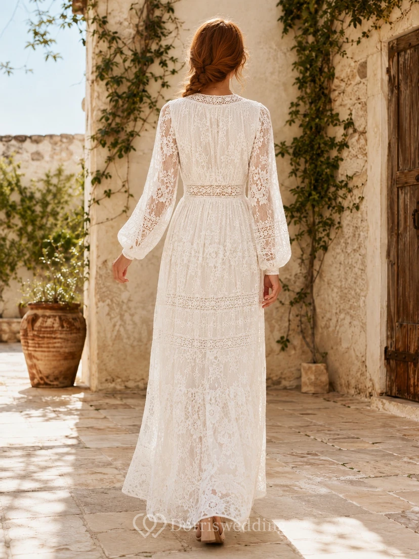 Boho Long Sleeve Deep V-Neck Crochet Lace Floor-Length Beach Wedding Dress view 2