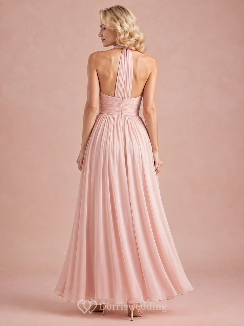 Blush Pink Halter Neck Sleeveless Pleated Floor Length Romantic Dress view 2