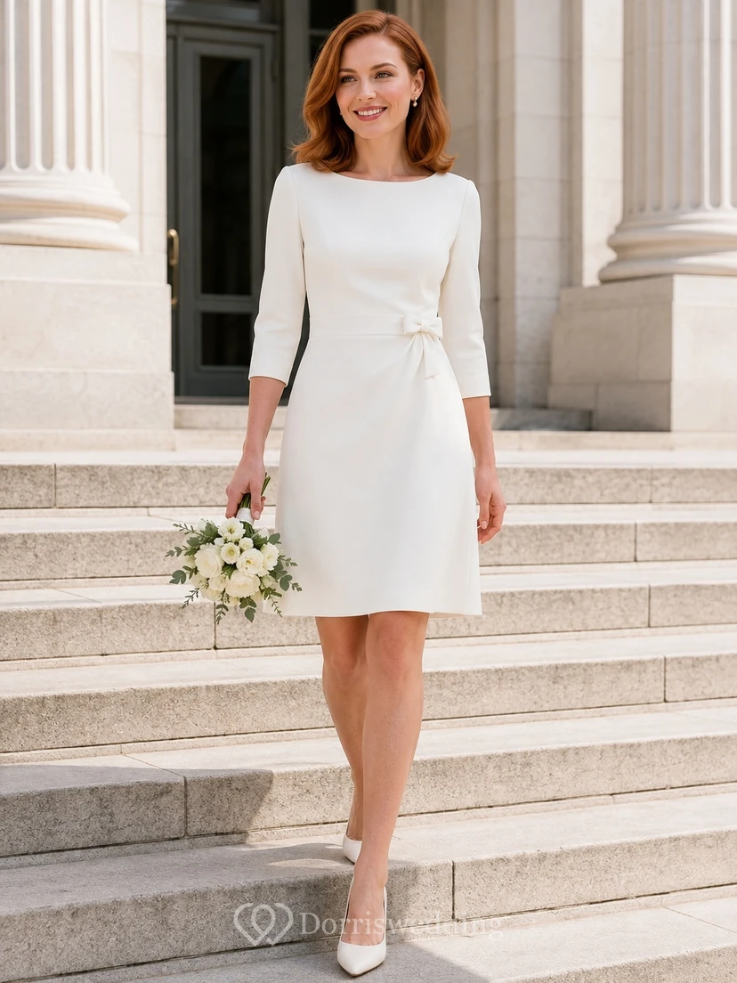 Crepe 3/4 Sleeve Sheath Jewel Neck Short Courthouse Civil Bridal Dress