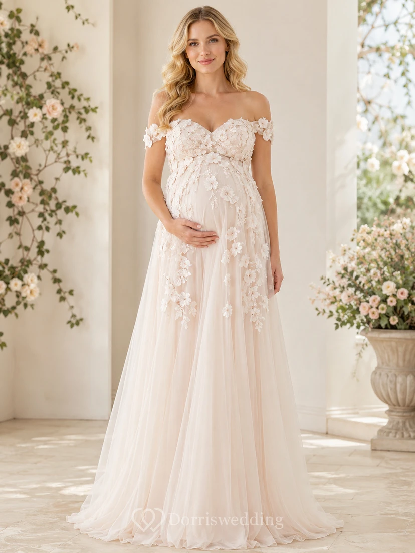 Robe de mariée romantique de maternité en tulle à épaules dénudées et décolleté en cœur, ornée d'appliqués floraux, style empire