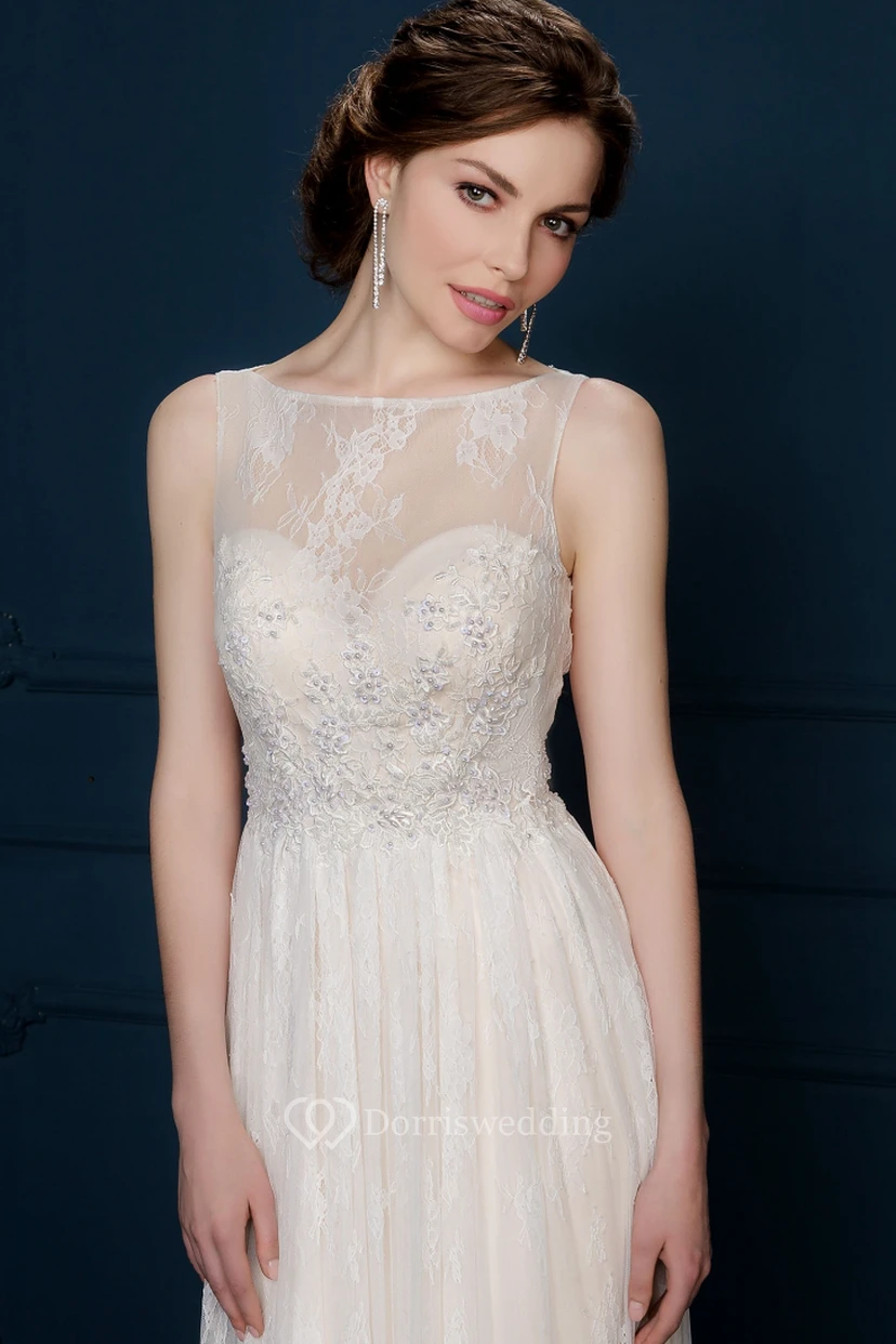 A-Line Maxi Appliqued Bateau-Neck Sleeveless Lace Evening Dress With Pleats view 4