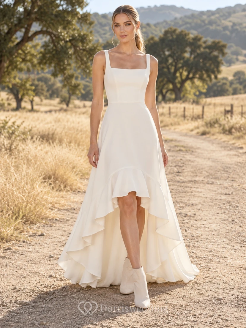 Simple Country High-low Square Neck Sleeveless A-line Bridal Wedding Dress