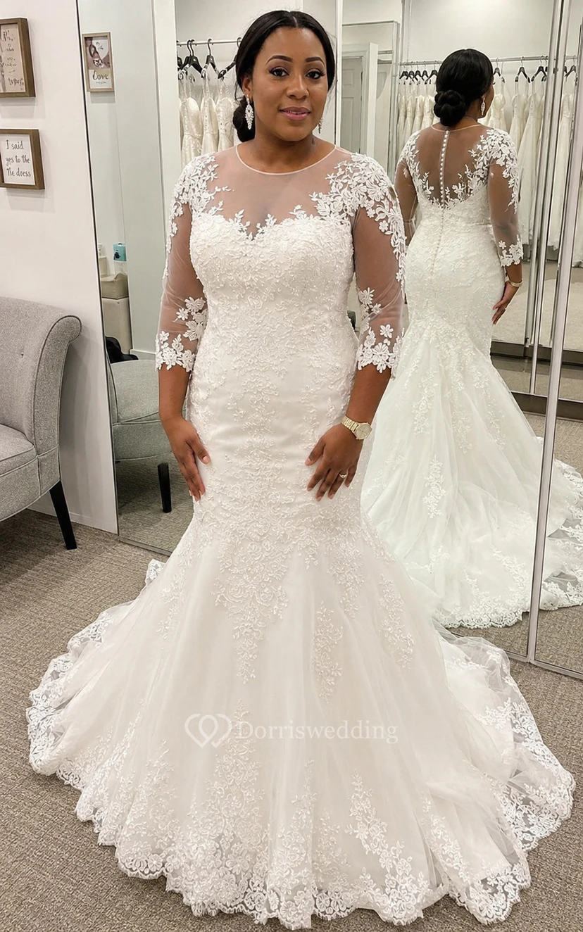 White Plus Size Long Sleeve Lace Mermaid Wedding Dress view 5