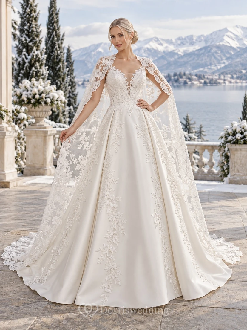Vestido de novia de corte A con escote en V, encaje floral, capa festoneada y falda de satén, ideal para invierno.