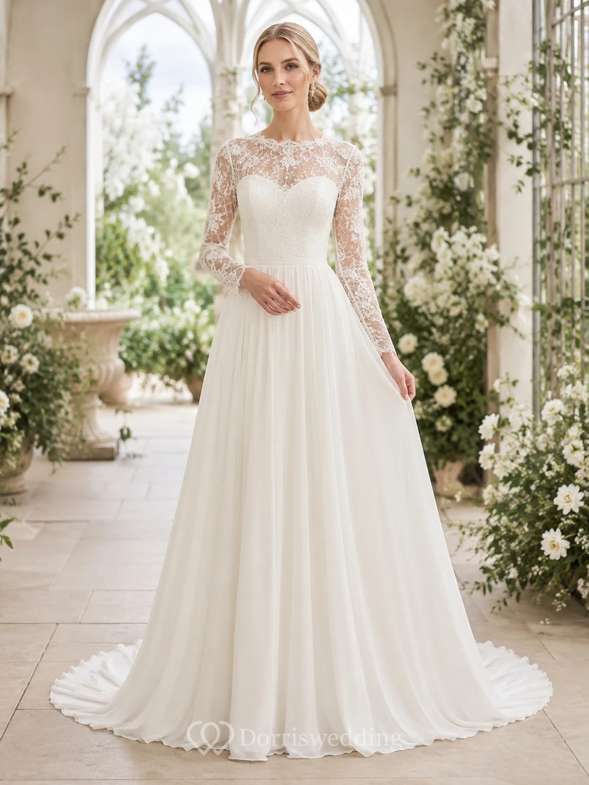 Brautkleid aus Spitze und Tüll, A-Linie, V-Ausschnitt, ärmellos, Kapellenschleppe