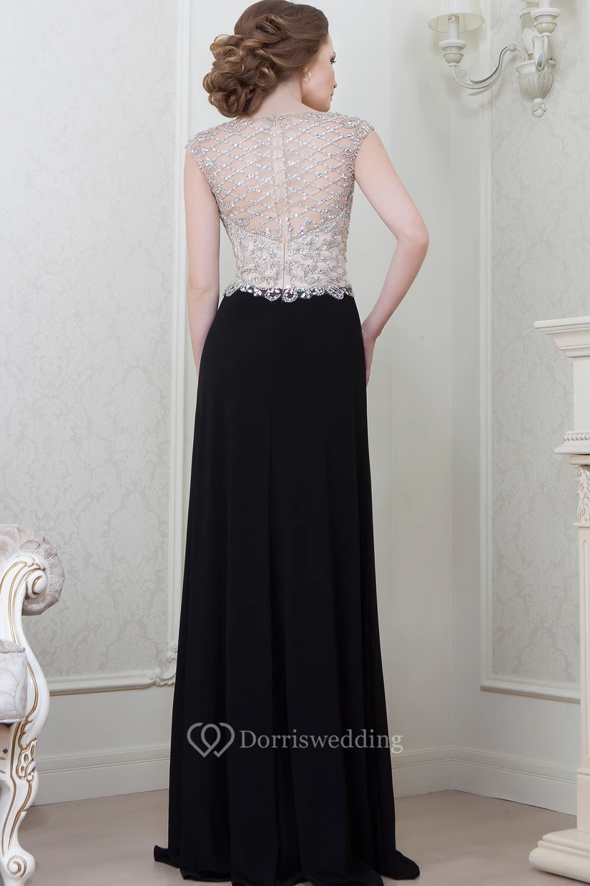 A-Line Beaded Cap-Sleeve Bateau-Neck Floor-Length Jersey Evening Dress view 2