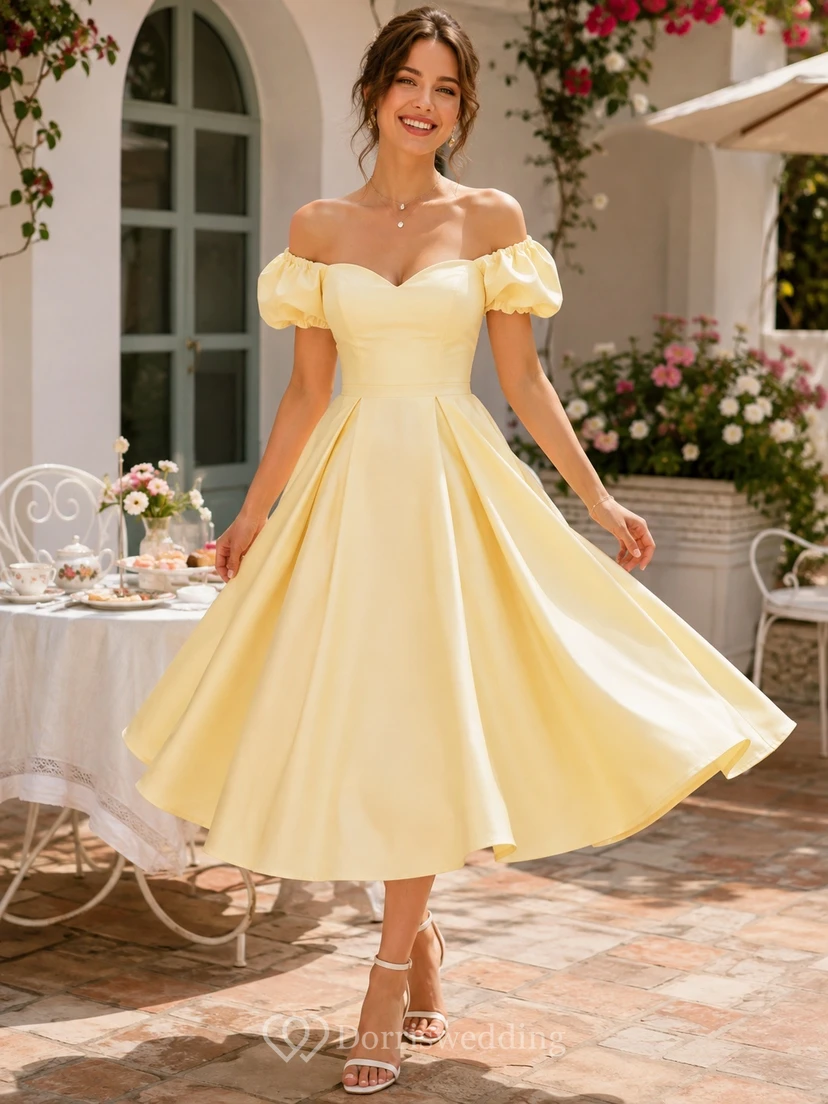 Daffodil Satin Off-the-shoulder Puff Sleeve A-Line Tea-Length Vintage Dress