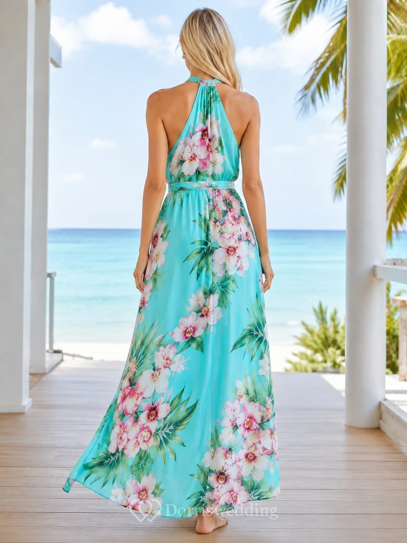 Robe de plage turquoise à fleurs, dos nu, en mousseline, coupe trapèze, longueur cheville view 2