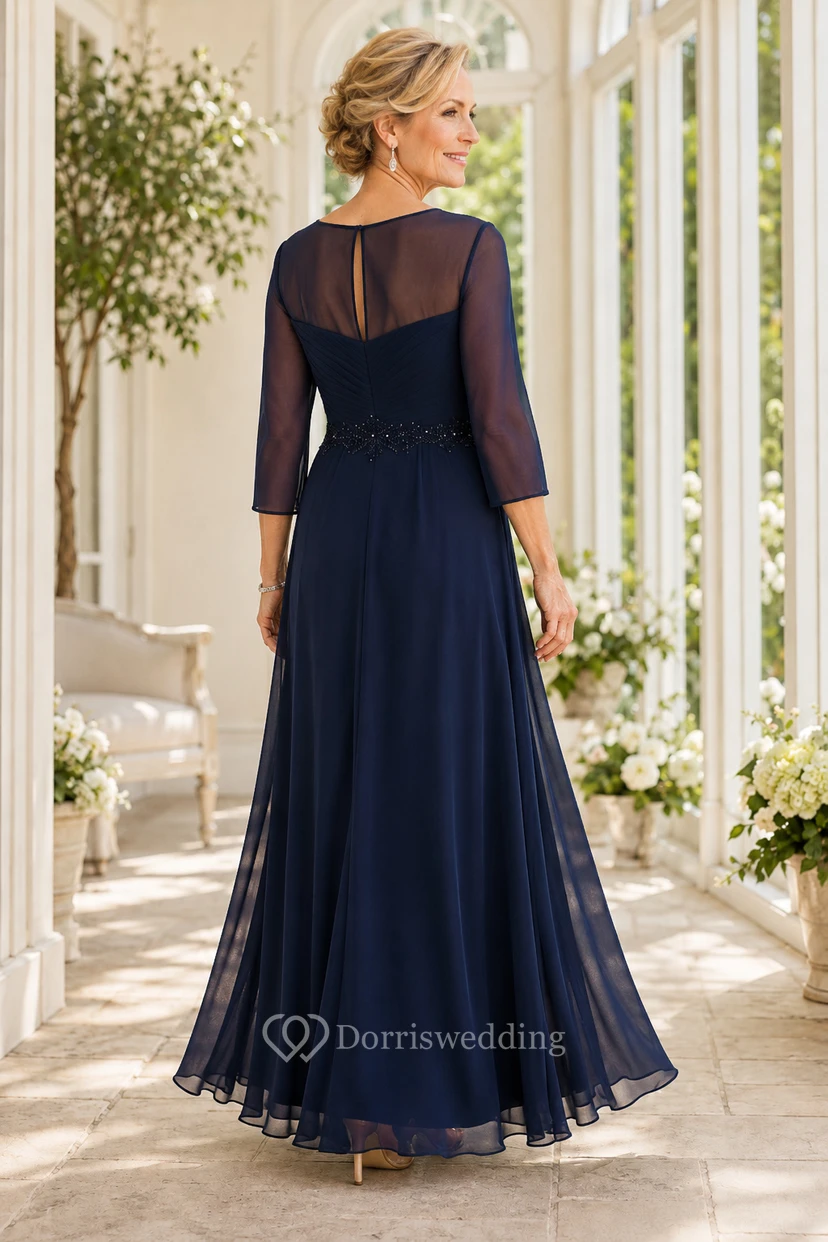 Dunkelblaues, transparentes Chiffon-Kleid in A-Linie mit U-Boot-Ausschnitt und Dreiviertelärmeln view 2