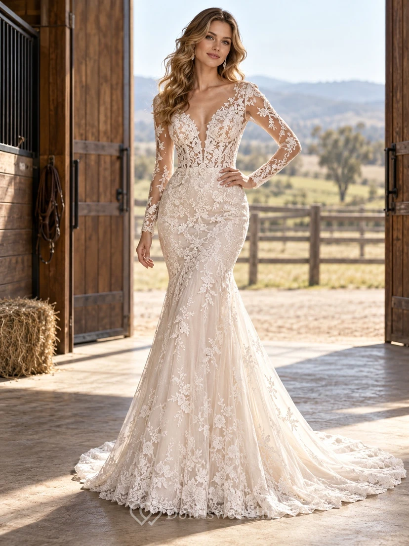 Western Mermaid Long Sleeve Plunge V-neck Lace Wedding Dress