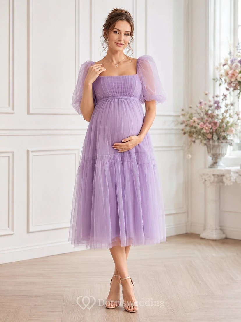 Lavender Maternity Square Neck Puff Short Sleeve Tulle Tea-length A-line Romantic Dress