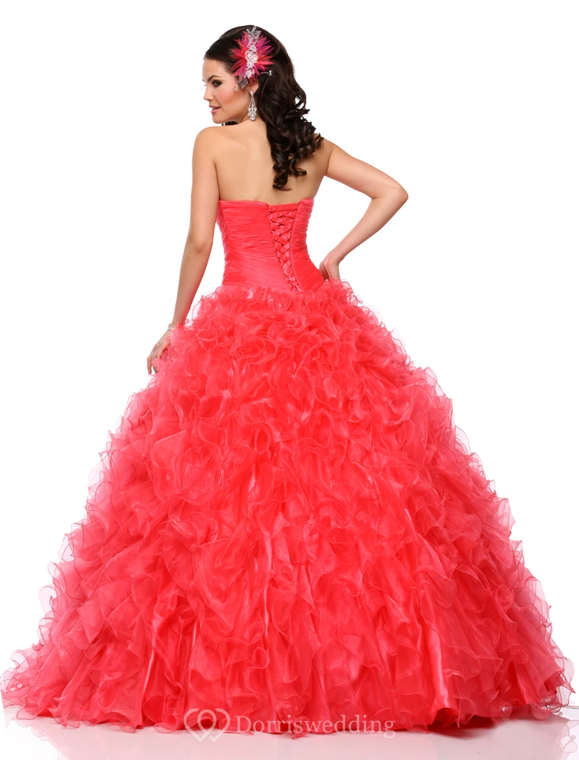 Sweetheart Organza A-Line Ball Gown With Cascading Ruffles And Lace-Up Back view 3