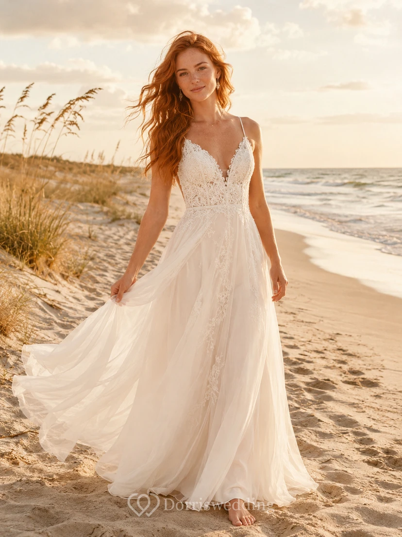 Spaghetti Strap Lace Bodice Beach Bridal A Line Gown
