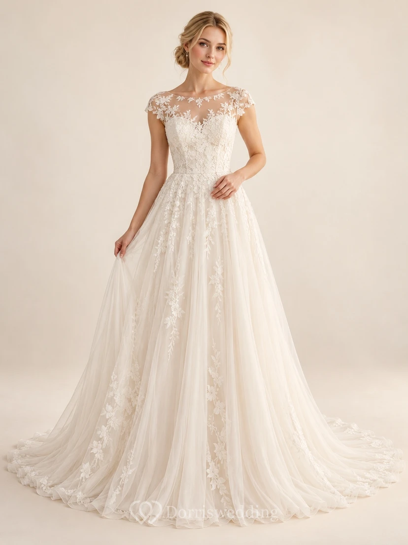 Cap Sleeve Bateau Floral Applique Tulle A-Line Wedding Dress