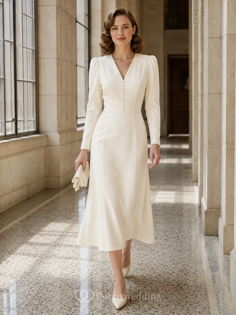 Vintage V-Neck Button Long Sleeve Satin Ankle-Length Courthouse Wedding Dress