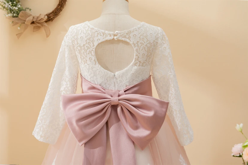 Lace Two-Tone Long Sleeve Short White and Coral Flowergirl Dress view 6