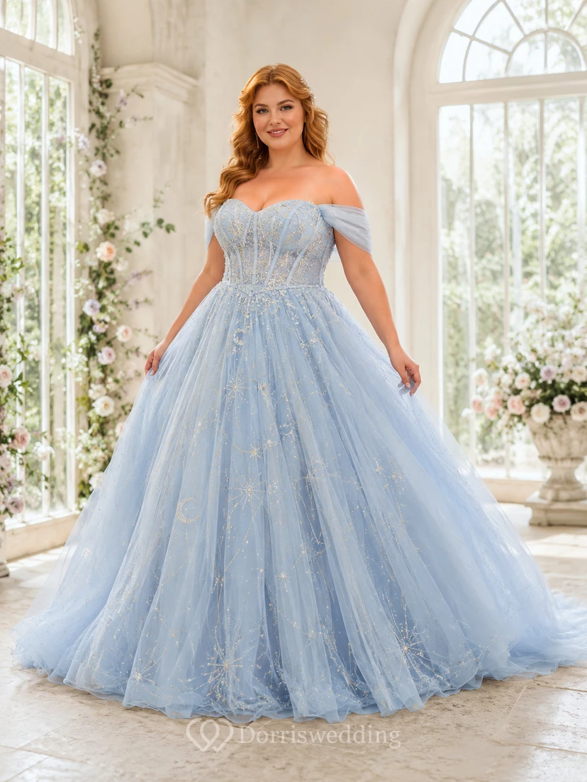 Robe de bal bleu ciel grande taille à épaules dénudées, brodée de motifs célestes, style non traditionnel