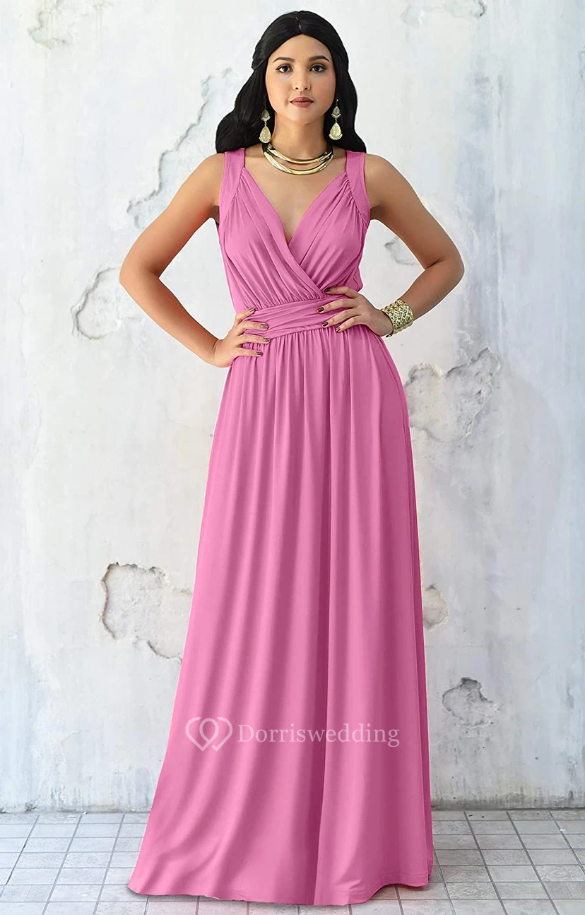 Sexy V-neck A Line Sleeveless Floor-length Chiffon Bridesmaid Dress With Ruching view 4