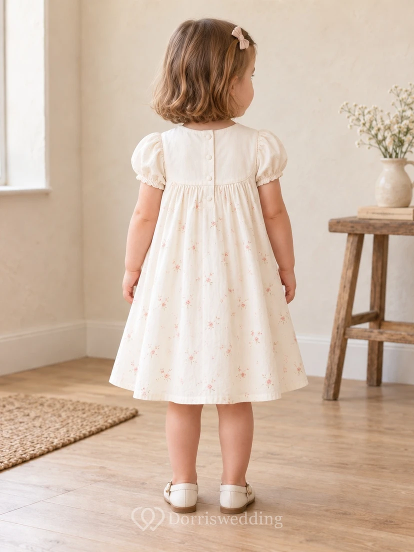 Simple Modest Cream Knee Length Tiny Floral Compact Puff Sleeve Flower Girl Dress view 2