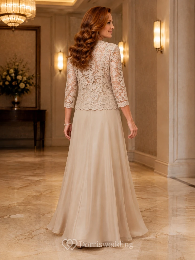 Elegantes champagnerfarbenes Spitzenjäckchen, bodenlanges Chiffon-Kleid in A-Linie mit V-Ausschnitt view 2