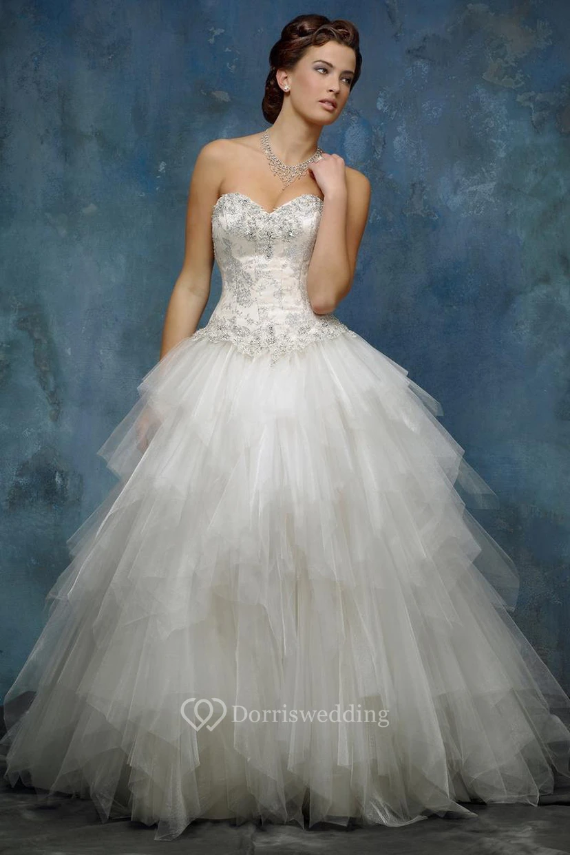 A-Line Ball-Gown Sweetheart Floor-Length Sleeveless Cascading-Ruffle Tulle Wedding Dress With Beading And Lace-Up Back view 3