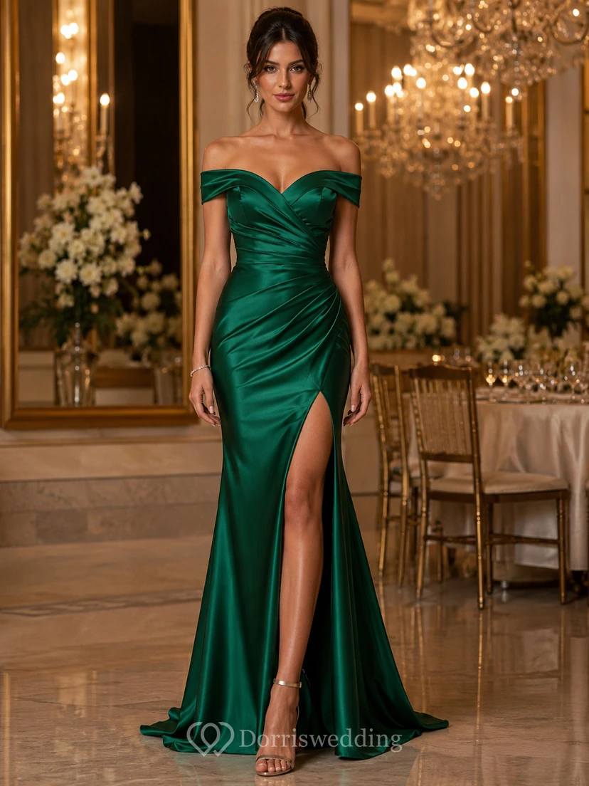 Banquet Dark Green Off-the-Shoulder Satin Mermaid Gown with Front Split