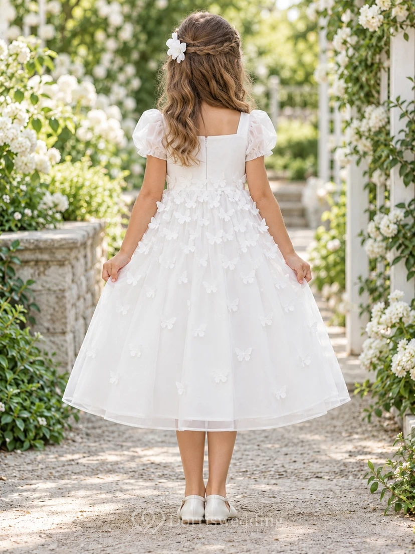 Weißes Organza-Blumenmädchenkleid mit eckigem Ausschnitt, wadenlang, Schmetterlings-Puffärmeln view 2