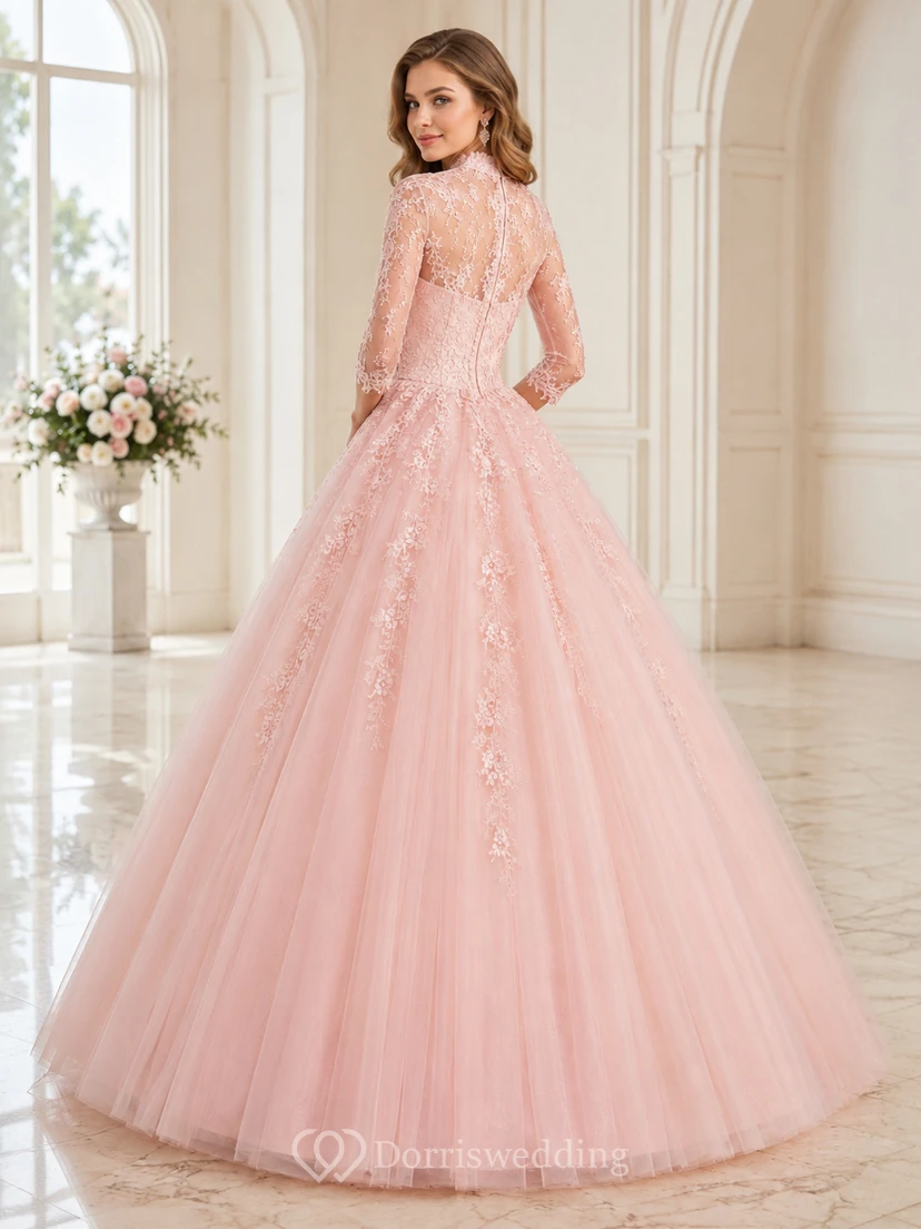 Blush Modest High Neck Long Illusion Sleeve Lace Quinceanera Princess Formal Ball Gown view 2