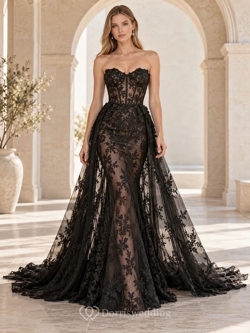 Black Mermaid Strapless Sweetheart Lace Corset Overskirt Bridal Wedding Dress